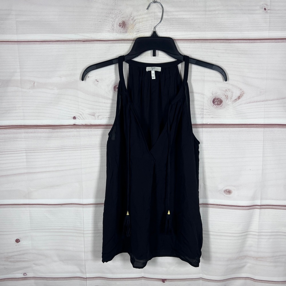 JOIE Tank Top Women XS Black Silk Tassel V-Neck Sleeveless Blouse Minimalist